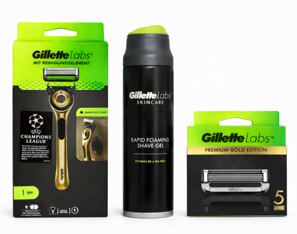 Gillette Labs Gold 1 Станок для гоління+Labs Gold (5 шт)+Labs Гель для гоління 198 мл+ 🎁 Брендована косметичка (Ручка Labs Gold 1 картридж+ Labs Gold (5шт) змінні картриджі+Labs Гель для гоління+ косметичка)