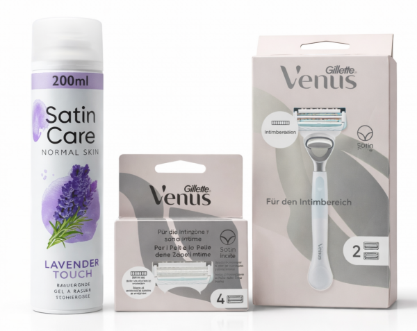 Venus Satin Care Bikini набір: станок (ручка + 2 картриджі), змінні картриджі (4 шт), гель для гоління Lavender 200 мл