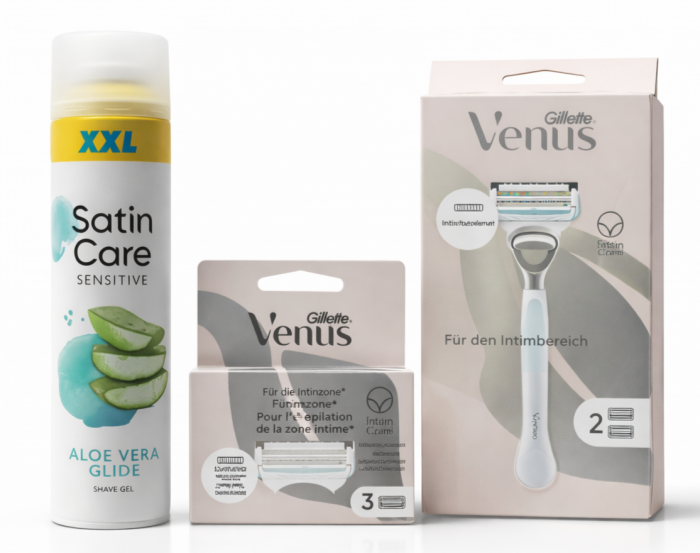 Venus Satin Care Bikini набір: станок (ручка + 2 картриджі), змінні картриджі (3 шт), гель для гоління Aloe 240 мл