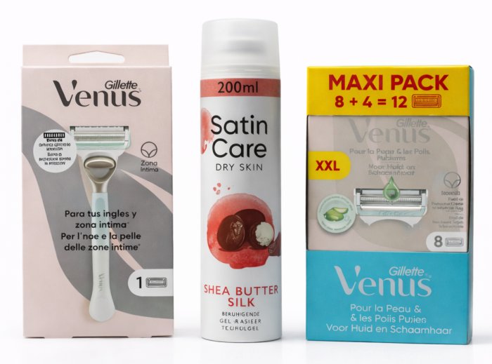 Venus Satin Care Bikini набір: станок (ручка + 1 картридж), змінні картриджі (12 шт), гель для гоління Shea Butter 200 мл