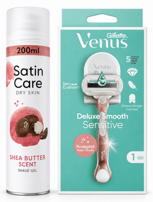 Venus Deluxe Rosegold 1+Satin Care Shea Butter Гель для гоління 200мл ( Ручка+1 картридж+тримач+ гель для гоління)