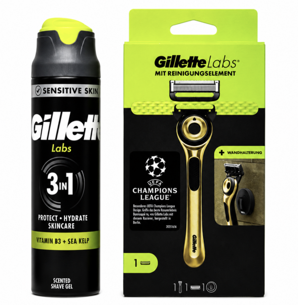 Gillette Labs Gold Edition Станок 1 картридж+Тримач+Gillette Labs Sensitive skin 3в1 Гель для гоління 198мл 🎁 Брендована косметичка Gillette