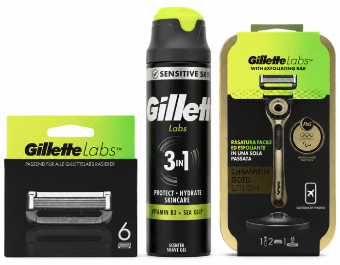 Gillette Labs Gold Станок 2 картриджі+Футляр+Labs (6 шт) змінні картриджі+Labs Sensitive skin 3в1 Гель для гоління 198мл🎁 Брендована косметичка Gillette