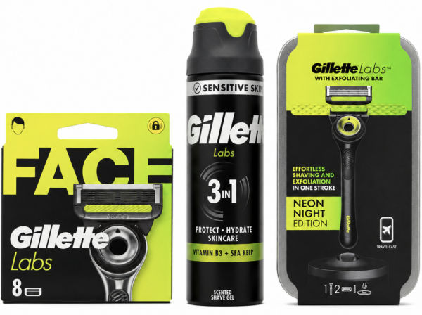 Gillette Labs Neon Станок 2 картриджі+Футляр+Labs Face (8 шт) змінні картриджі+Labs Sensitive skin 3в1 Гель для гоління 198мл 🎁 Брендована косметичка Gillette