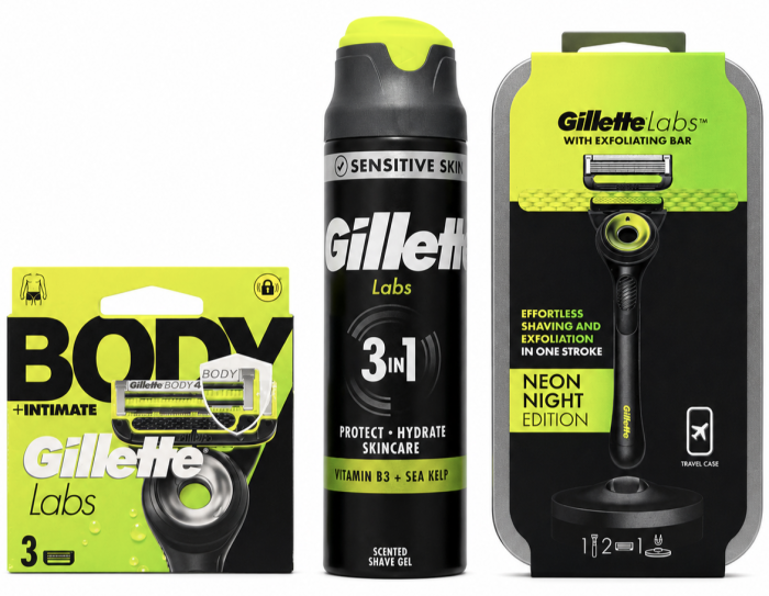 Gillette Labs Neon Станок 2 картриджі+Футляр+Labs Body (3 шт) змінні картриджі+Labs Sensitive skin 3в1 Гель для гоління 198мл 🎁 Брендована косметичка Gillette