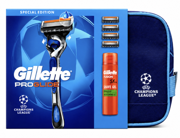 Gillette Proglide Набір Станок Proglide + 4 картриджі+Fusion Sensitive Гель для гоління 200 мл+Брендована Косметичка Champions League Edition