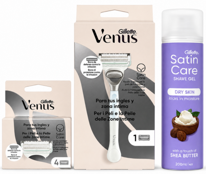 Venus Satin Care Bikini Станок 1 картридж+Venus Satin Care Bikini (4шт)+Satin Care Shea Butter Гель для гоління 200мл New