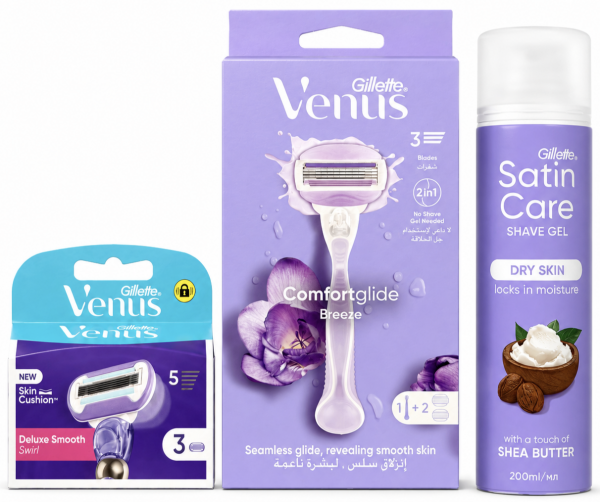 Venus Breeze Станок 2 картриджі + Swirl (3шт) + Satin Care Shea Butter Гель для гоління 200мл New