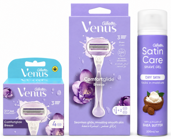 Venus Breeze Станок 2 картриджі + Breeze (4шт) + Satin Care Shea Butter Гель для гоління 200мл New
