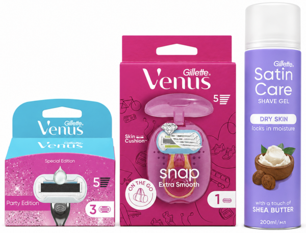 Venus Snap Станок 1 картридж+дорожній футляр+Venus Party Edition (3шт) змінні картриджі+Satin Care Shea Butter 200мл New