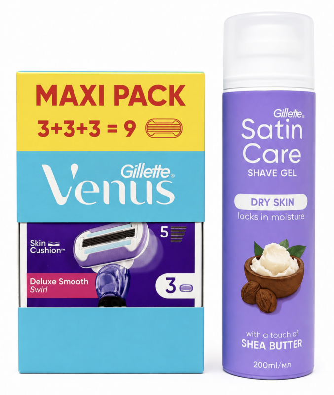 Venus Swirl (9 шт) Box змінні картриджі+Satin Care Shea Butter Гель для гоління 200мл New