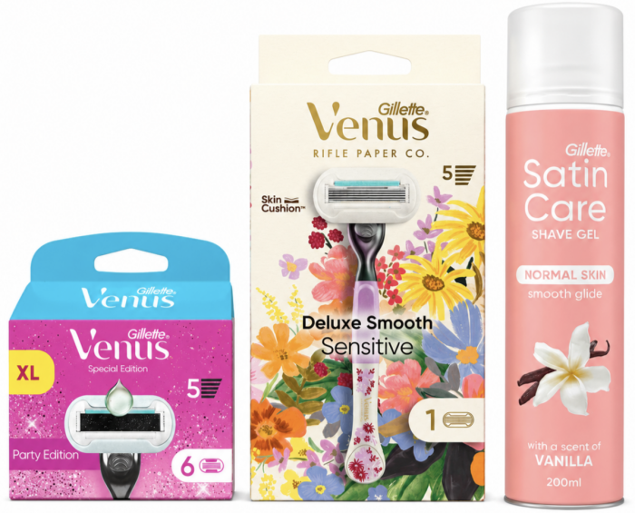 Venus Deluxe Flower Станок 1 картридж+Venus Party Edition (6 шт) змінні картриджі+Satin Care Vanilla Гель для гоління 200 мл New