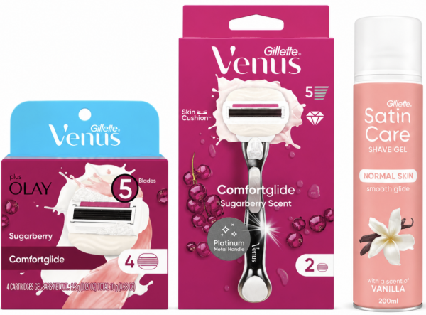 Venus Olay Sugarberry Станок 2 картриджі+Venus Olay Sugarberry (4 шт) USA змінні картриджі+Satin Care Vanilla Гель для гоління 200мл New