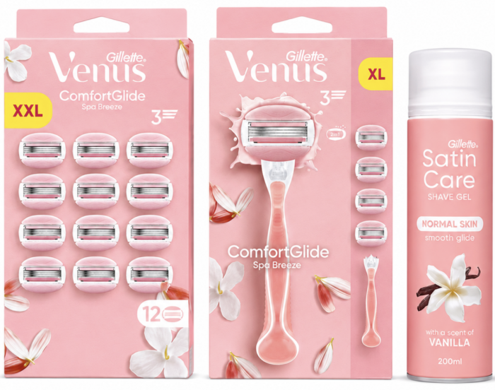 Venus SpaBreeze Станок 4 картриджі+Venus SpaBreeze (12шт) Box змінні картриджі+ Satin Care Vanilla Гель для гоління 200мл New
