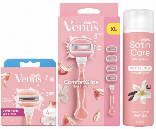 Venus SpaBreeze Станок 4 картриджі+Venus SpaBreeze (4шт) змінні картриджі+ Satin Care Vanilla Гель для гоління 200мл New