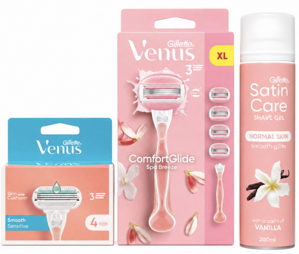 Venus SpaBreeze Станок 4 картриджі+Venus Smooth Sensitive (4шт) змінні картриджі+ Satin Care Vanilla Гель для гоління 200мл New