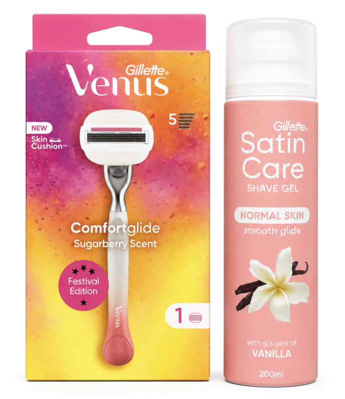 Venus Olay Sugarberry Festival Edition Станок 1 картридж+Satin Care Vanilla Гель для гоління 200 мл New