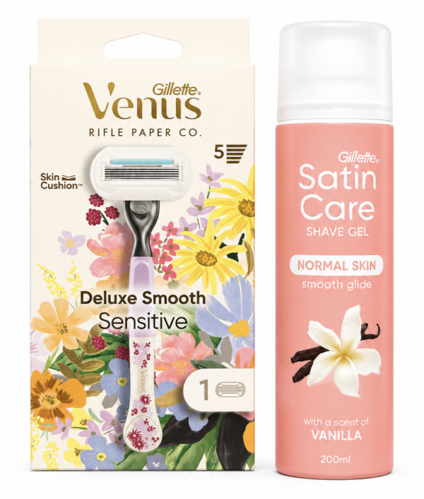 Venus Deluxe Flower Станок 1 картридж+Satin Care Vanilla Гель для гоління 200мл New