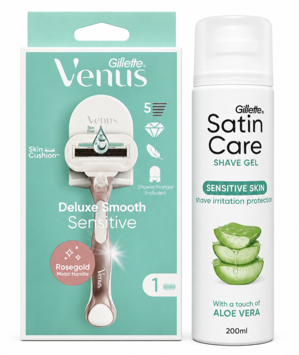 Venus Deluxe Rosegold 1+Satin Care Aloe Гель для гоління 200мл ( Ручка+1 картридж+тримач+ гель для гоління)