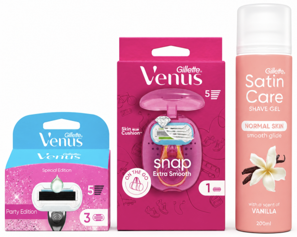 Venus Snap Станок 1 картридж+дорожній футляр+Venus Party Edition (3шт) змінні картриджі+Satin Care Shea Vanilla 200мл New