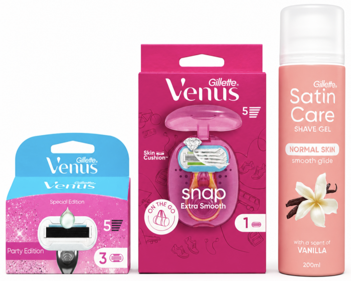 Venus Snap Станок 1 картридж+дорожній футляр+Venus Party Edition (3шт) змінні картриджі+Satin Care Shea Vanilla 200мл New