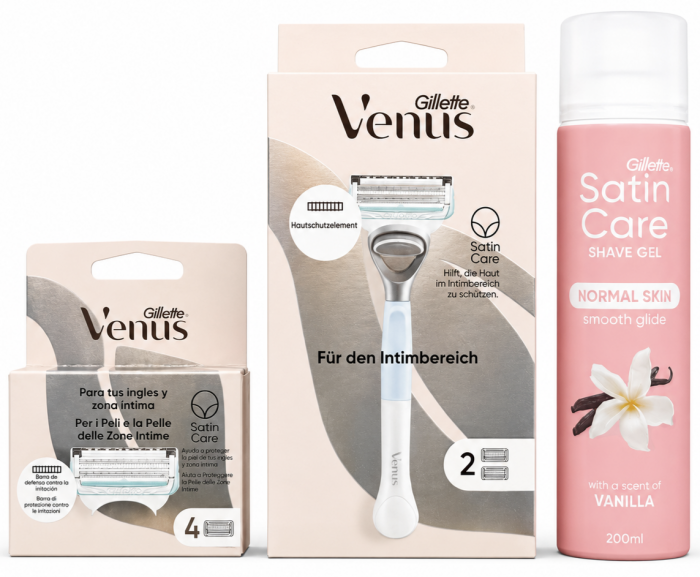 Venus Satin Care Bikini Станок 2 картриджі+Venus Satin Care Bikini (4шт)+Satin Care Vanilla Гель для гоління 200мл New