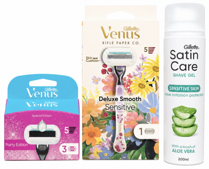 Venus Deluxe Flower Станок 1 картридж+Venus Party Edition (3 шт) змінні картриджі+Satin Care Aloe Гель для гоління 200 мл New