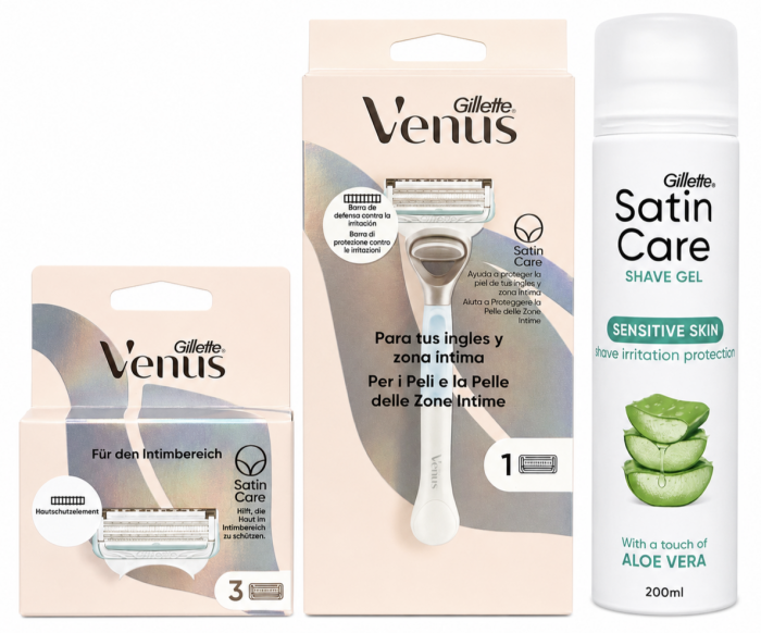 Venus Satin Care Bikini Станок 1 картридж+Venus Satin Care Bikini (4шт)+Satin Care Aloe Гель для гоління 200мл New