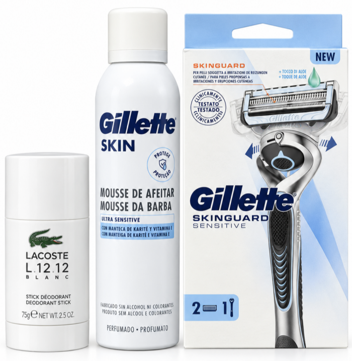 Gillette Skinguard Станок 2 картриджі+Skinguard Піна для гоління+ Lacoste Парфумований дезодорант чоловічий 75мл