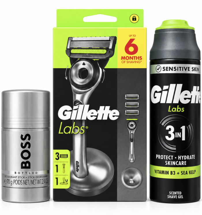 Gillette Labs Станок 3 картриджі+Labs Sensitive Гель для гоління 198мл+Парфумований дезодорант стік Boss 75мл