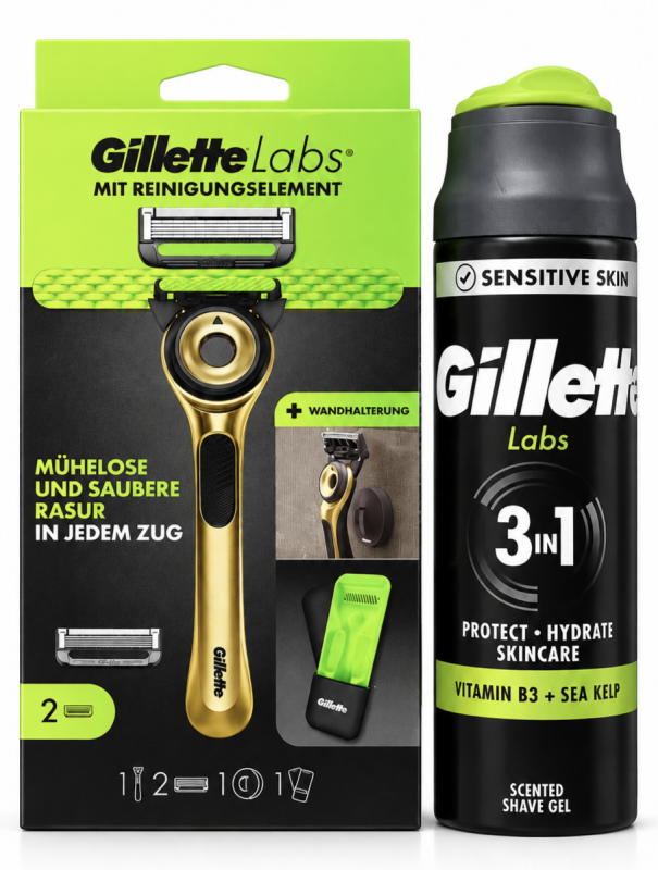 Gillette Labs Gold Станок 2 картриджі+футляр+Labs Sensitive Гель для бритья 198мл