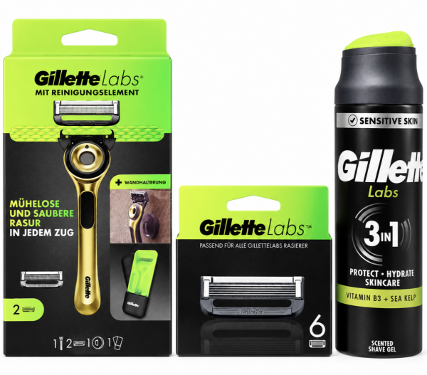 Gillette Labs Gold Станок 2 картриджі+Футляр+Labs (6 шт) змінні картриджі+Labs Sensitive skin 3в1 Гель для гоління 198мл