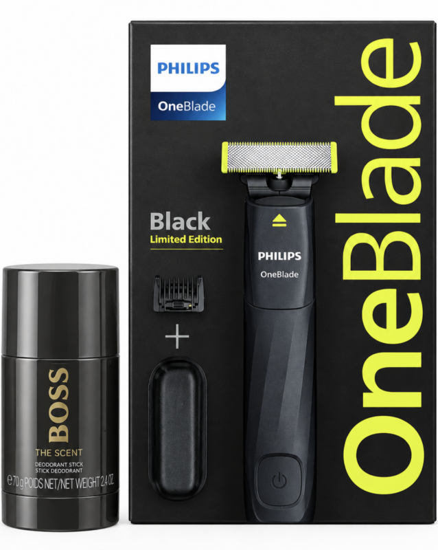 Philips OneBlade Original Limited edition Black Триммер+Парфумований дезодорант стік Boss The Scent 75мл