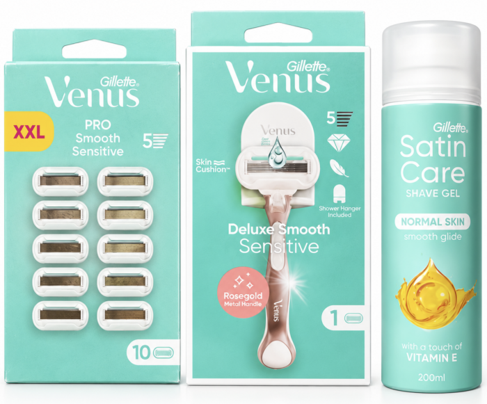 Venus Deluxe Sensitive Rosegold Станок 1 картридж+настінний тримач+Venus Deluxe Sensitive (10шт) Box змінних картриджів+Satin Care Vitamin E Гель для гоління 200 мл